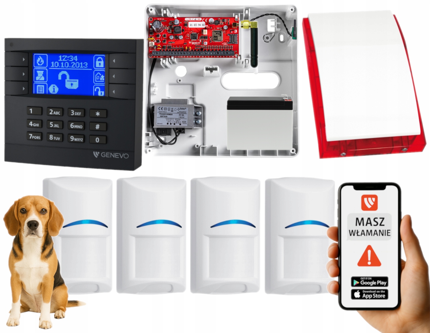 System Alarmowy Z Gsm Do Domu Genevo PRiMA64Q Panel LCD 4 Czujki Aplikacja