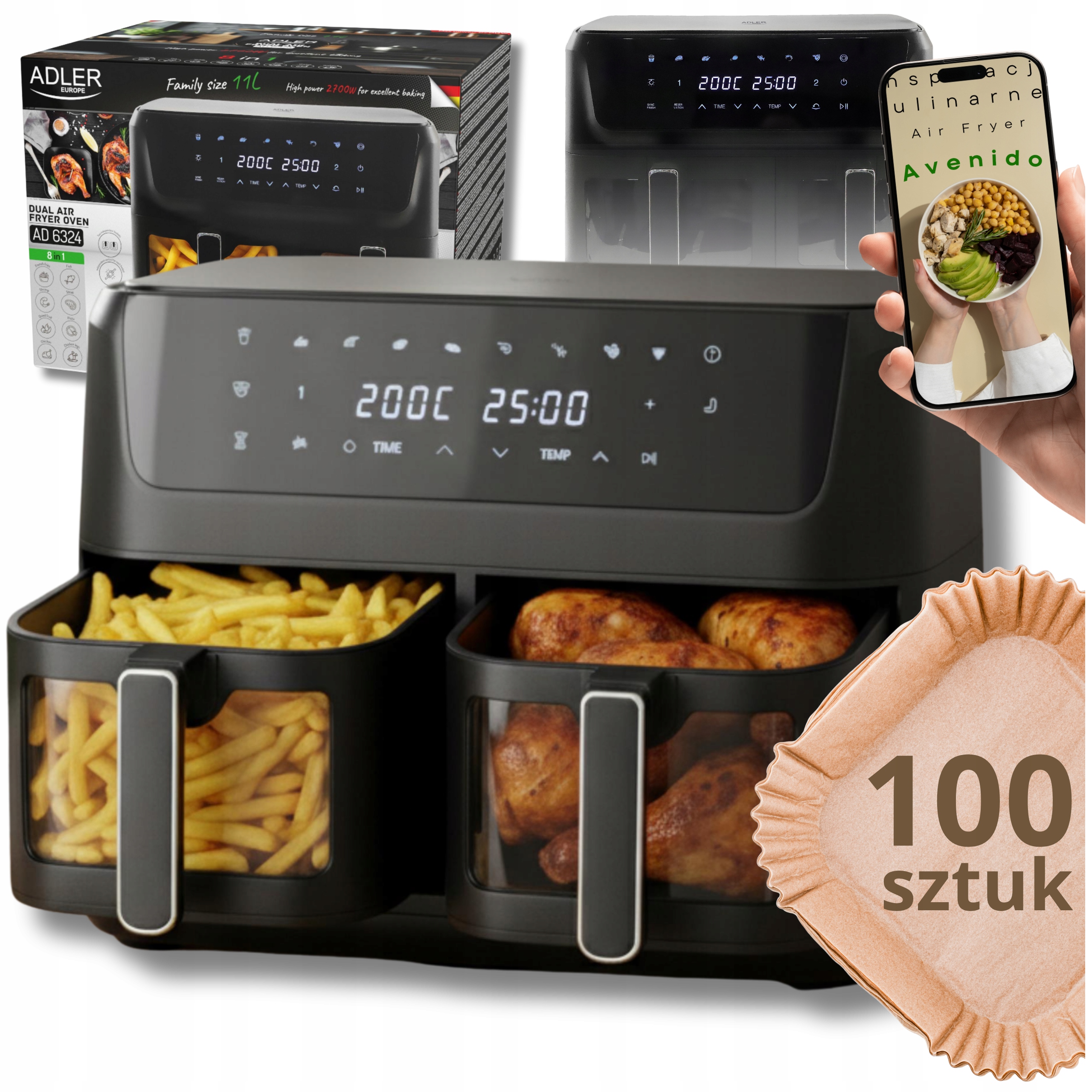 Beztuková dvoukomorová fritéza Adler 11L Air Fryer 2700W 8 programů
