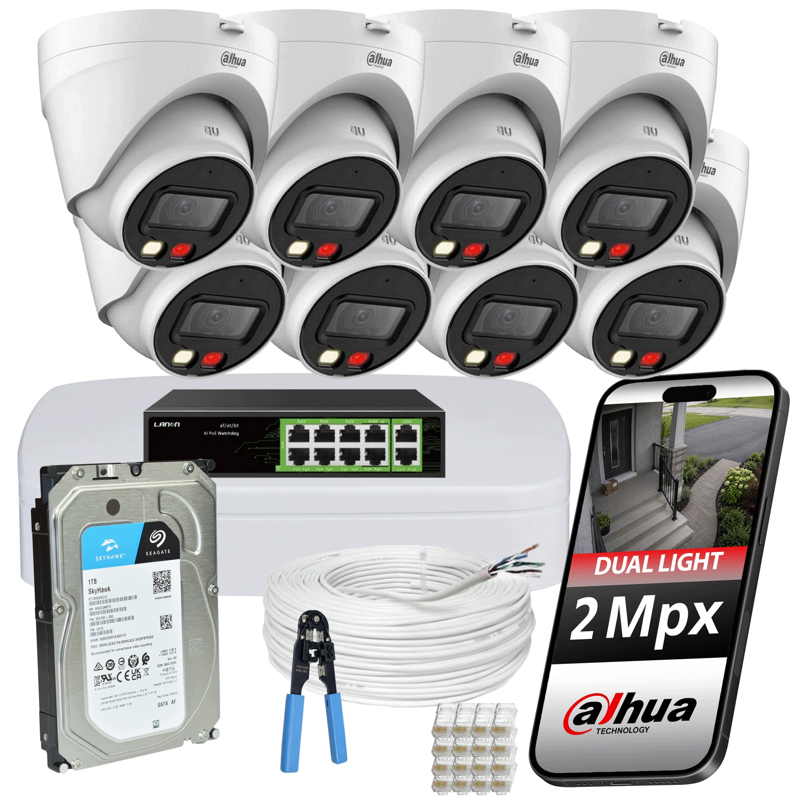 Sada kamer pro monitorování Dahua 8 kopulovitých kamer 2 Mpx Ip PoE disk 1TB