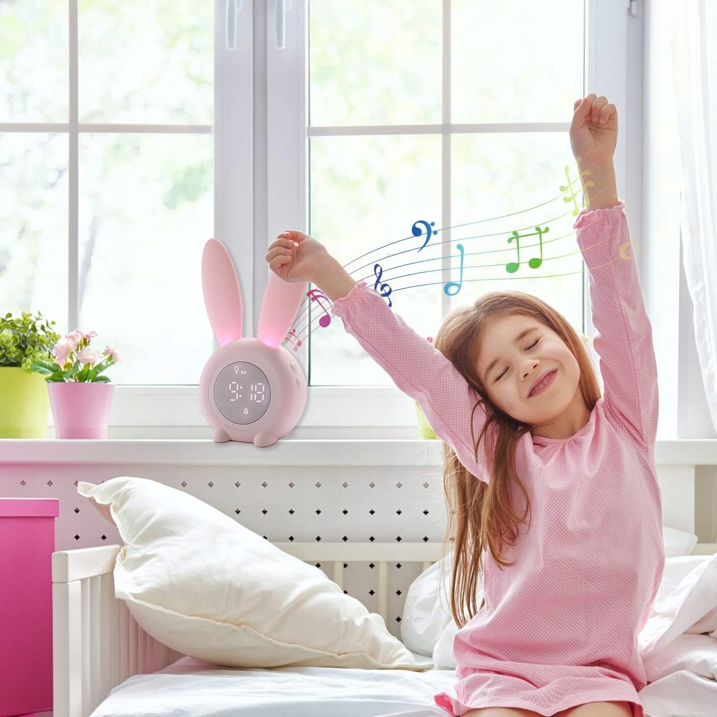 BUDZIK DZIECIĘCYZEGAR KRÓLIK LAMPKA NOCNA LED Z TIMER DLA DZIECI Kształt okrągły