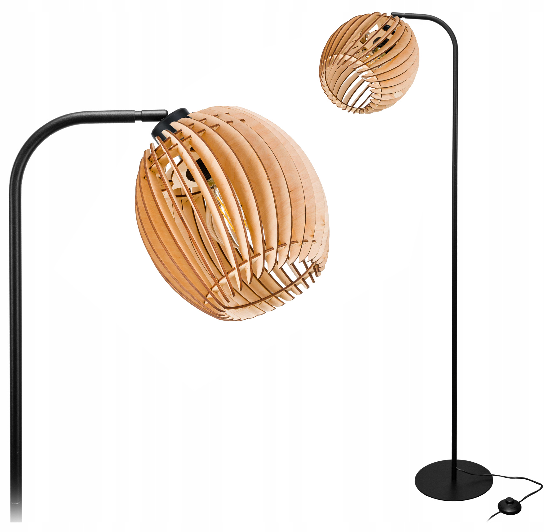 Podlahová Stojací Lampa Loft na 1 Led E27 nastavitelná Ohýbaná S Kloszem Dřevo