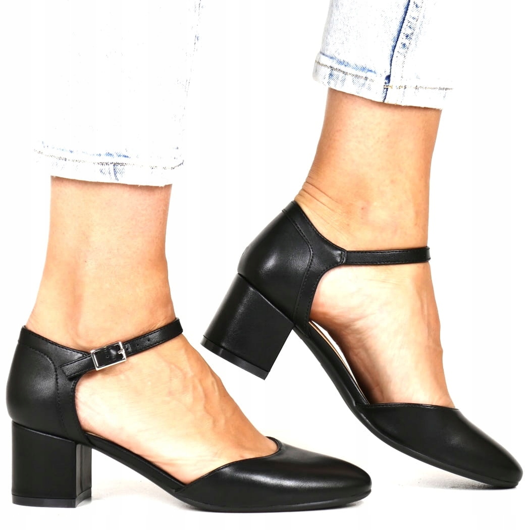 Czarne Czółenka Na Klocku Zapinane Na Kostce Buty Wesele Komunia