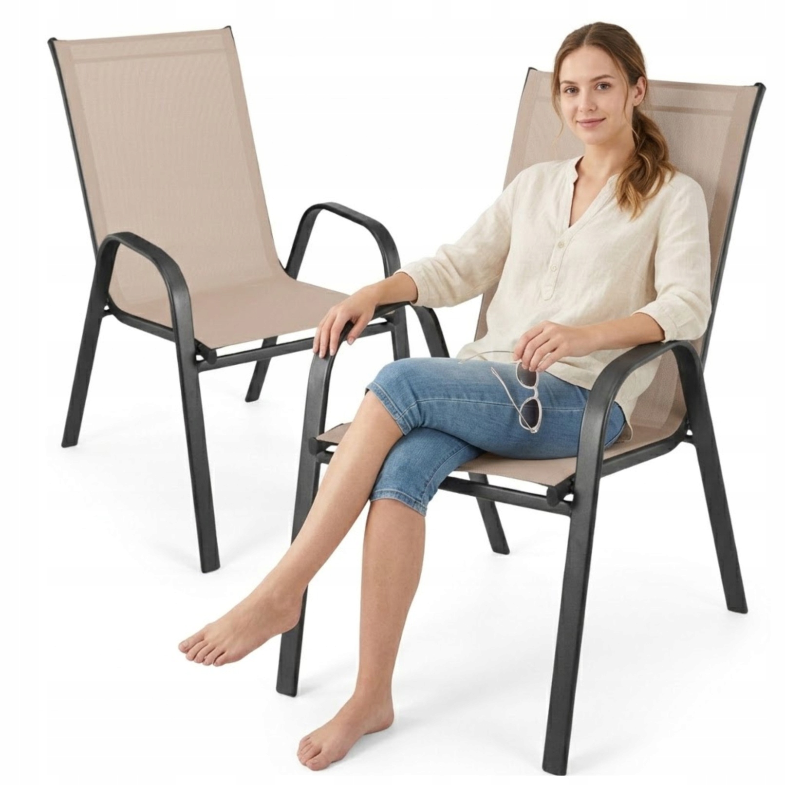 Sada 2 ks kovových židlí do zahrady terasa balkon silné pohodlné béžové