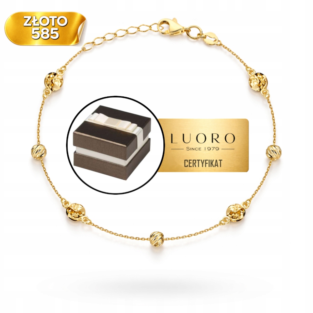 Náramek Zlatý 585 14K S Diamantovými Kuličkami 17 CM, Nastavitelný