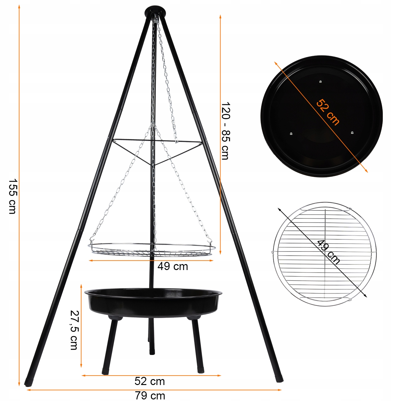 ZÁVĚSNÝ ZAHRADNÍ GRIL, VELKÝ TŘÍNOHÝ OHNIČEK 50CM Hmotnost produktu s jednotlivým balením 4,8 kg