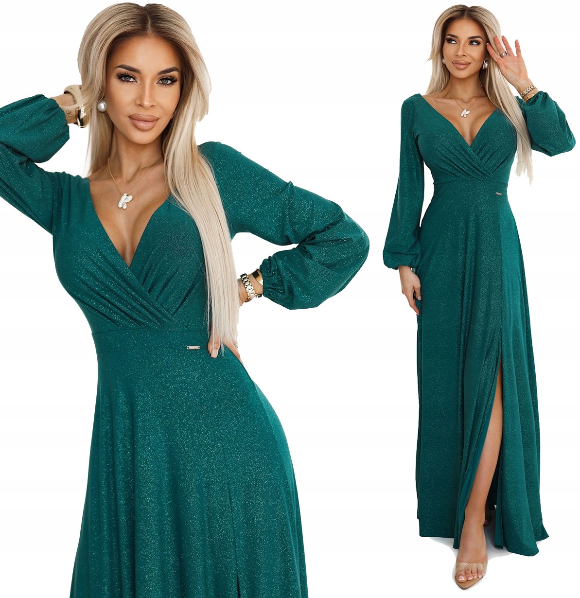 Krásné Dlouhé Šaty S Hlubokým Výstřihem A Dlouhým Rukávem Zeleň 2XL