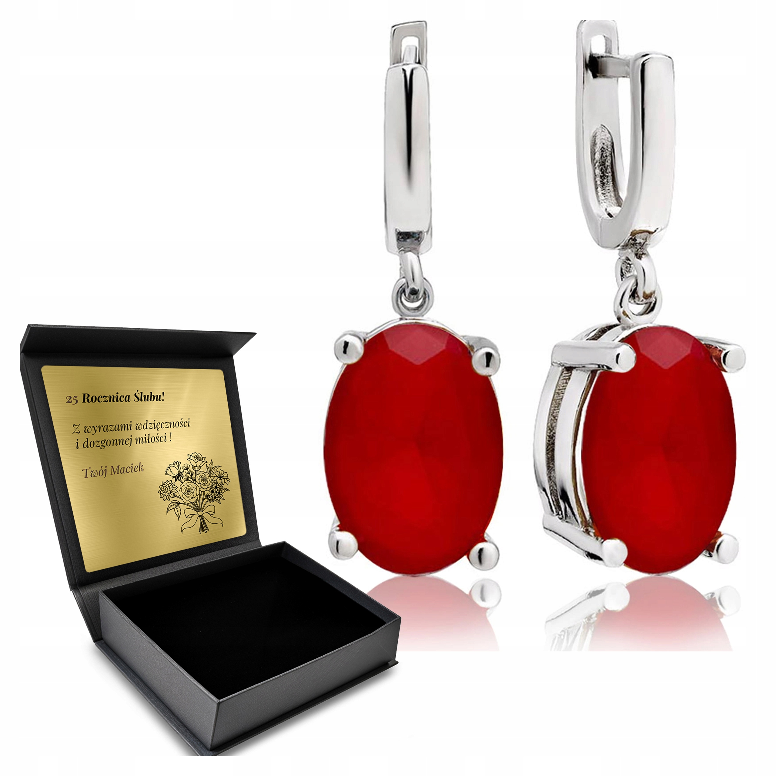 Stříbrné Náušnice 925 Rubín Krásný Dárek pro ženu Gravírování Bonus