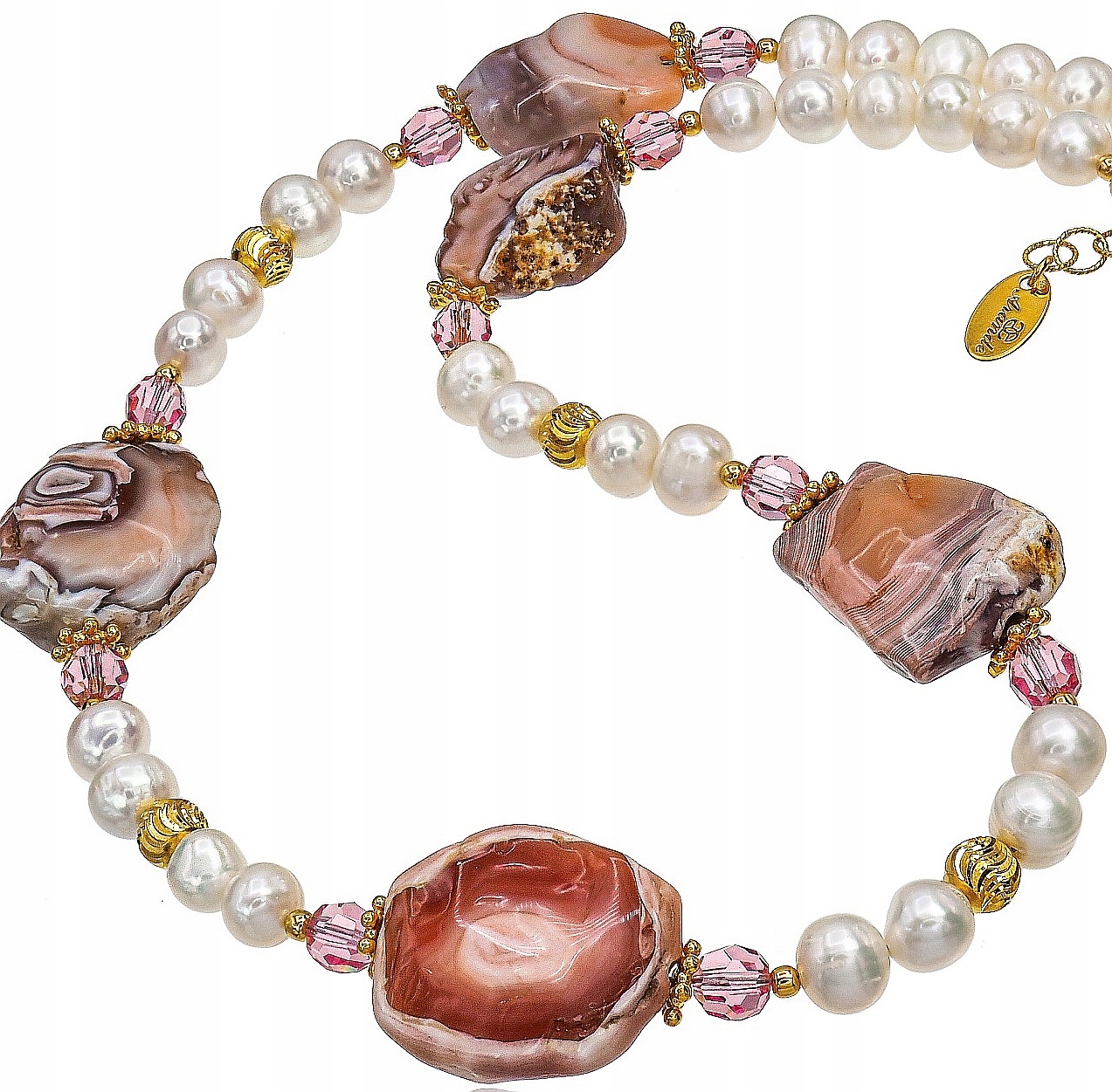 Perly Achát Botswana Krystaly Krásný náhrdelník Zlaté Stříbro