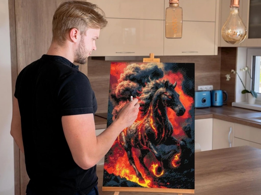 Diamantová výšivka Kůň Oheň Peklo Požár Zvíře Diamanty Čtvercové 40x60cm