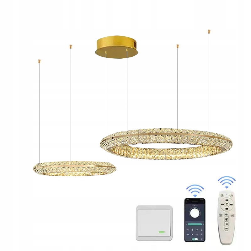 Lampa Wisząca Złota Z Pilotem Ring Ściemniana 40/60 CM Naturalny Kryształ