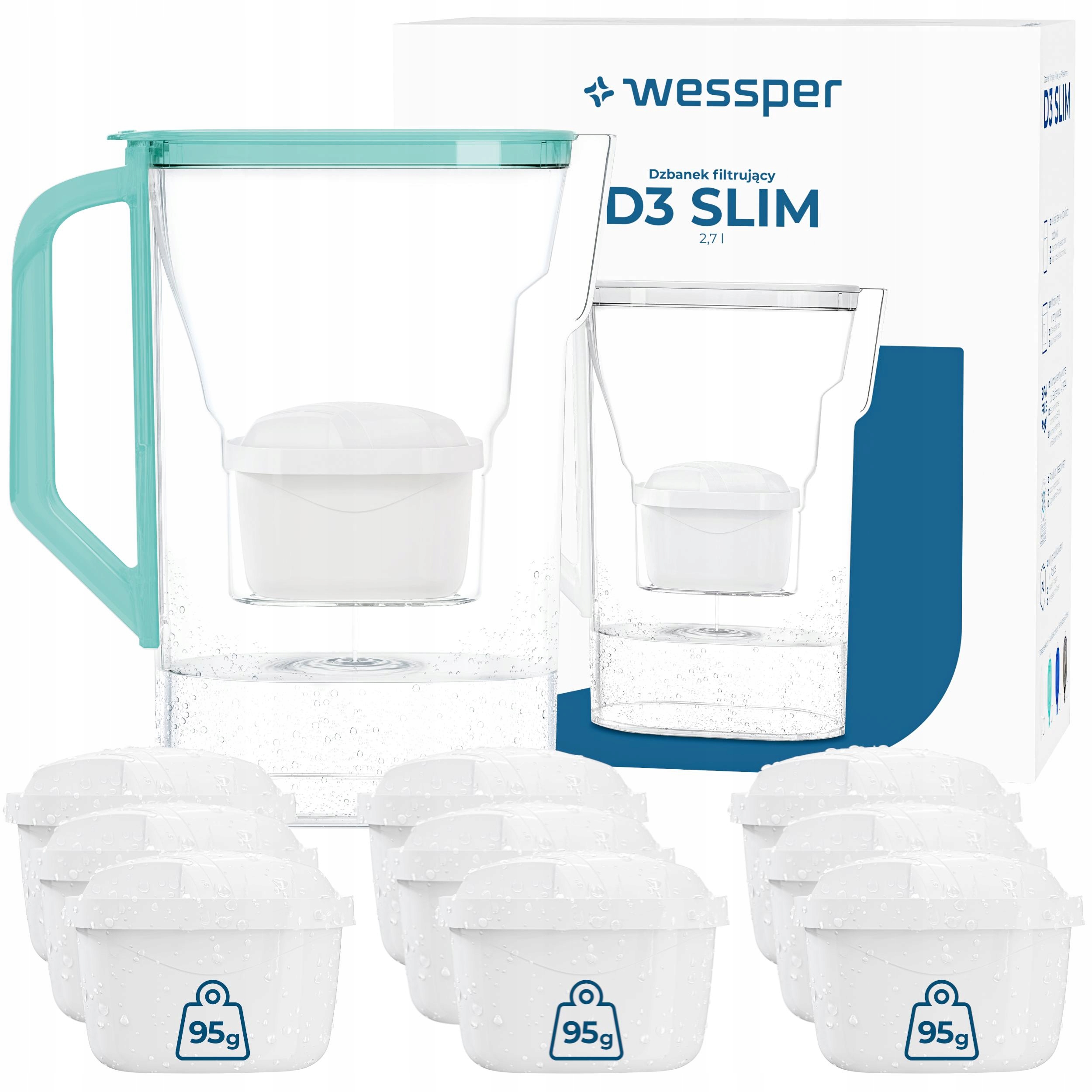 Filtrační konvice Wessper D3 Slim 2,7 l do ledničky 10 x filtr na vodu