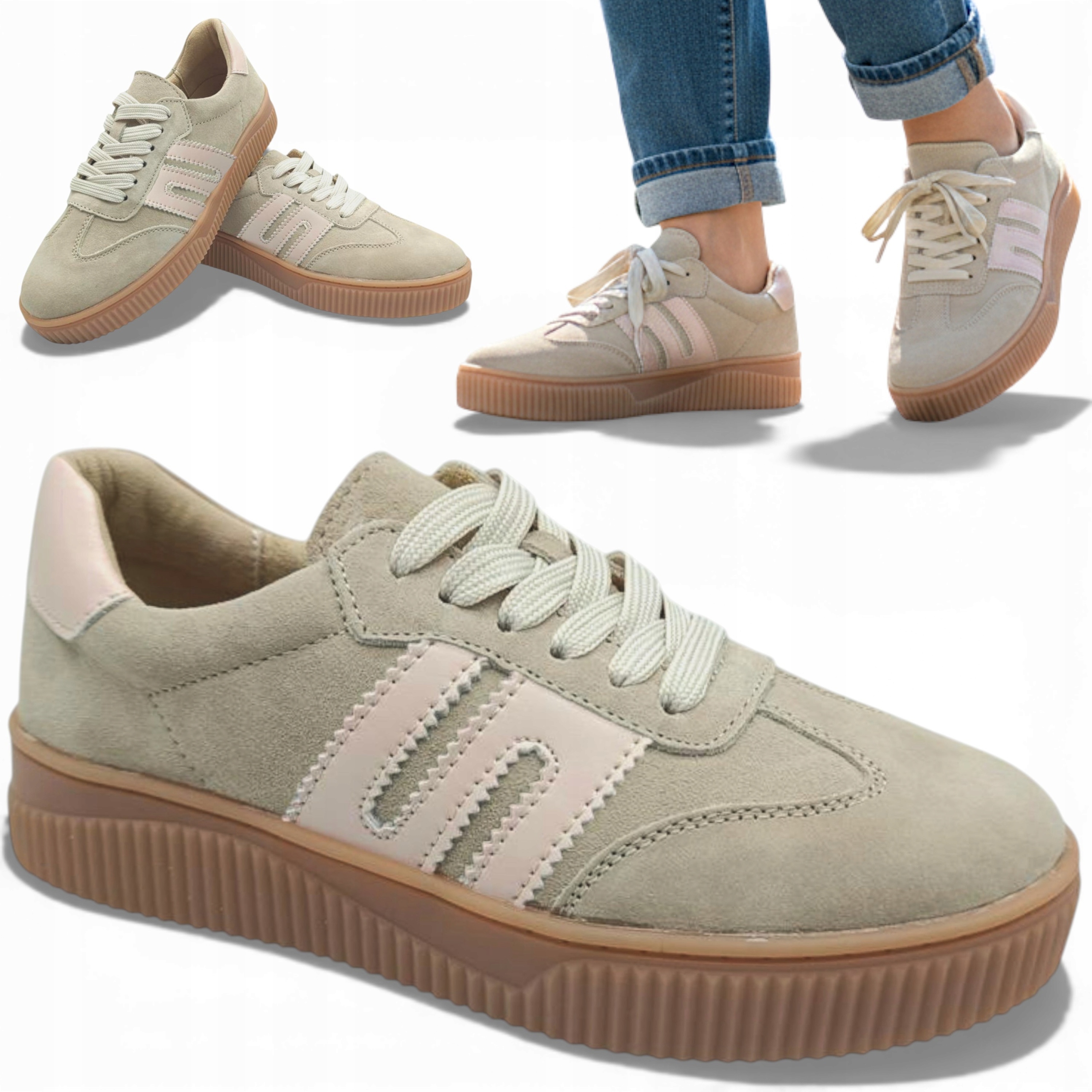 Sneakersy Damskie Skórzane 38 Półbuty Beżowe na Platformie Evento