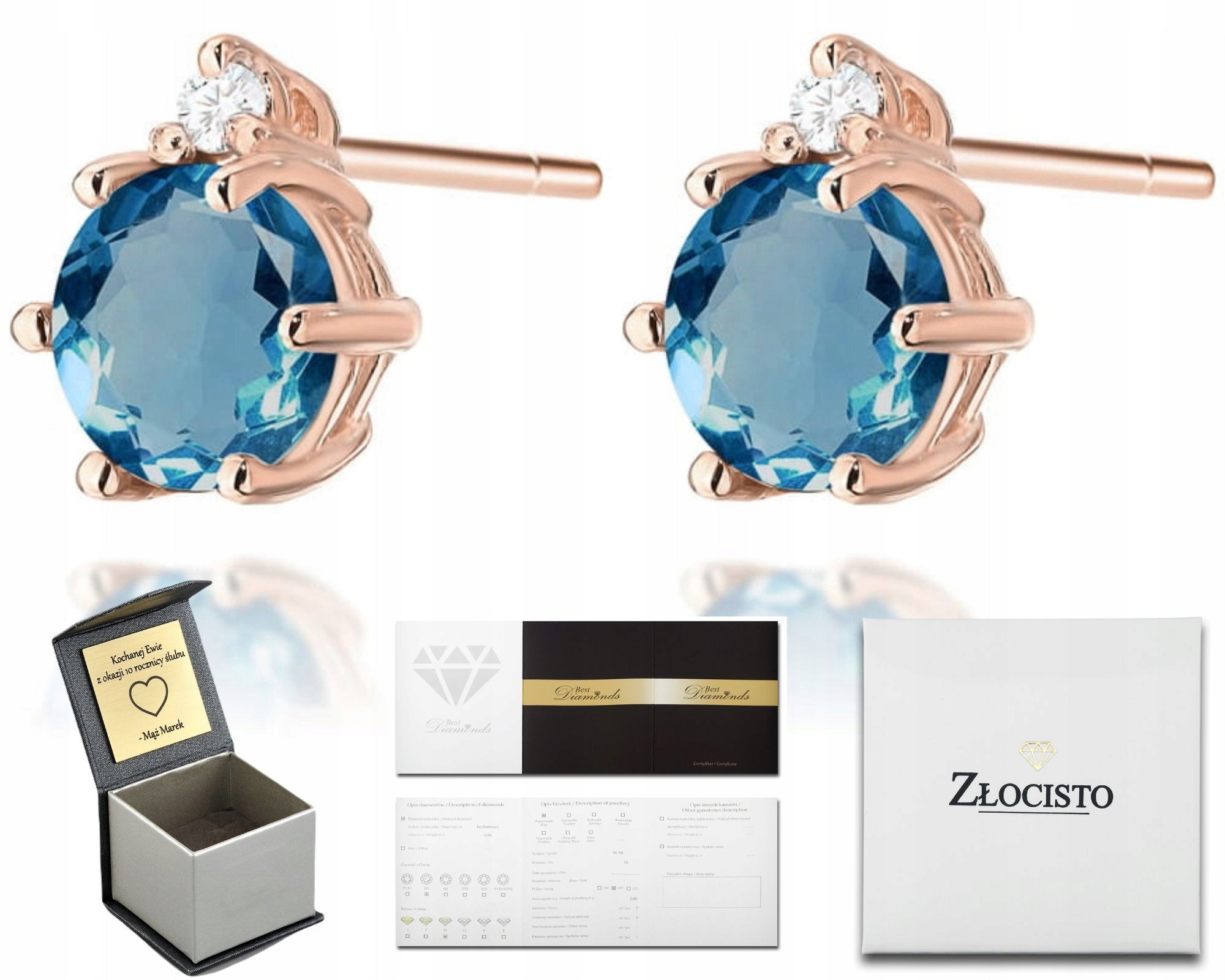 Náušnice V Růžovém Zlatě Přírodní Kámen Topaz London Blue Diamanty