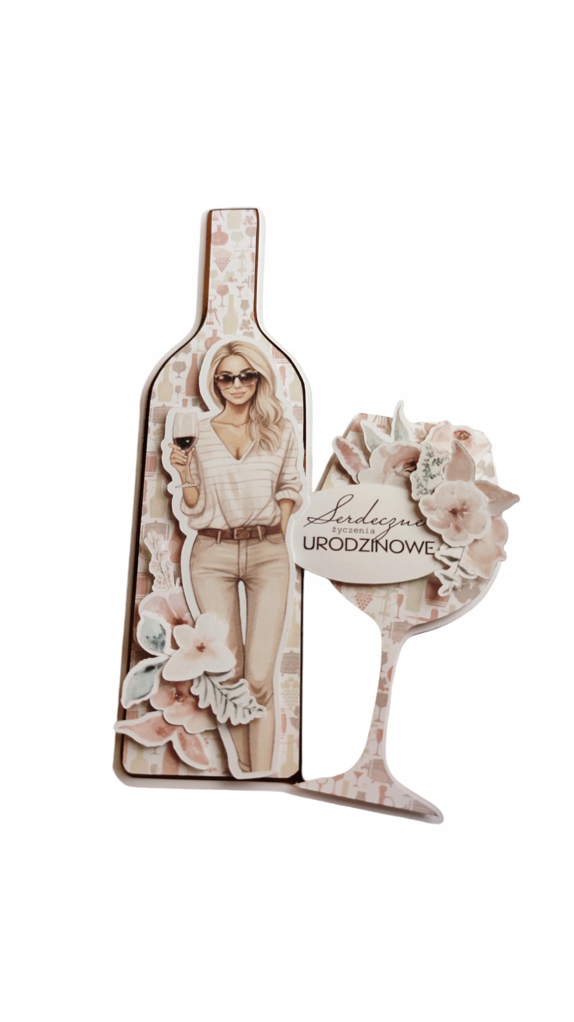 Přání k narozeninám, láhev vína se sklenkou, v krabičce s okénkem
