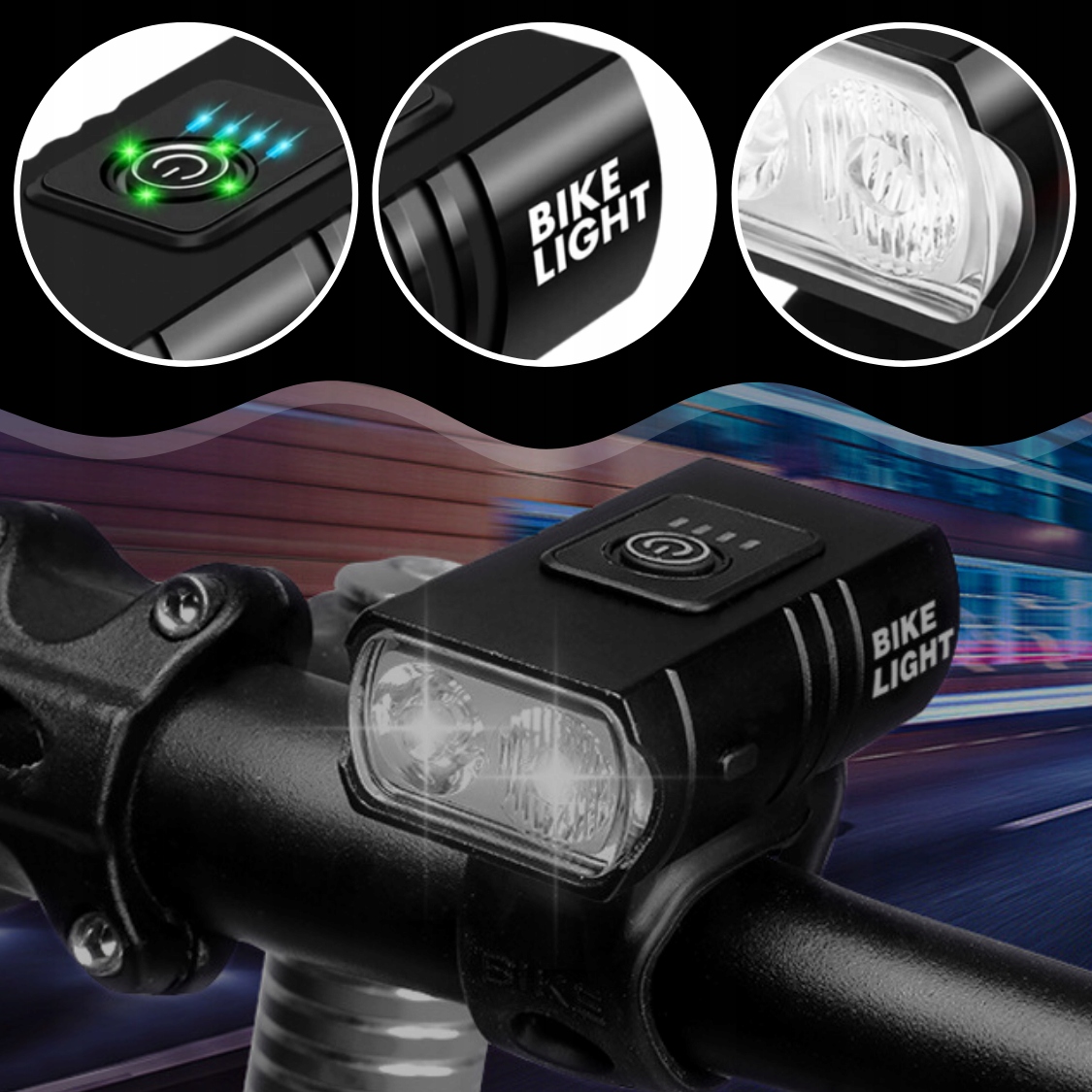 LAMPKA ROWEROWA LED NA ROWER KIEROWNICĘ MOCNA AKUMULATOROWA USB + TYŁ TYLNA Model lampka rowerowa przód tył do roweru akumulator