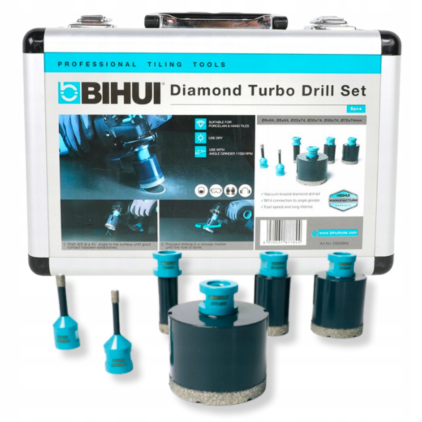 Sada diamantových děrovaček v kufříku Bihui 6 Ks (průměr 6,8,20,35,50,70 mm)