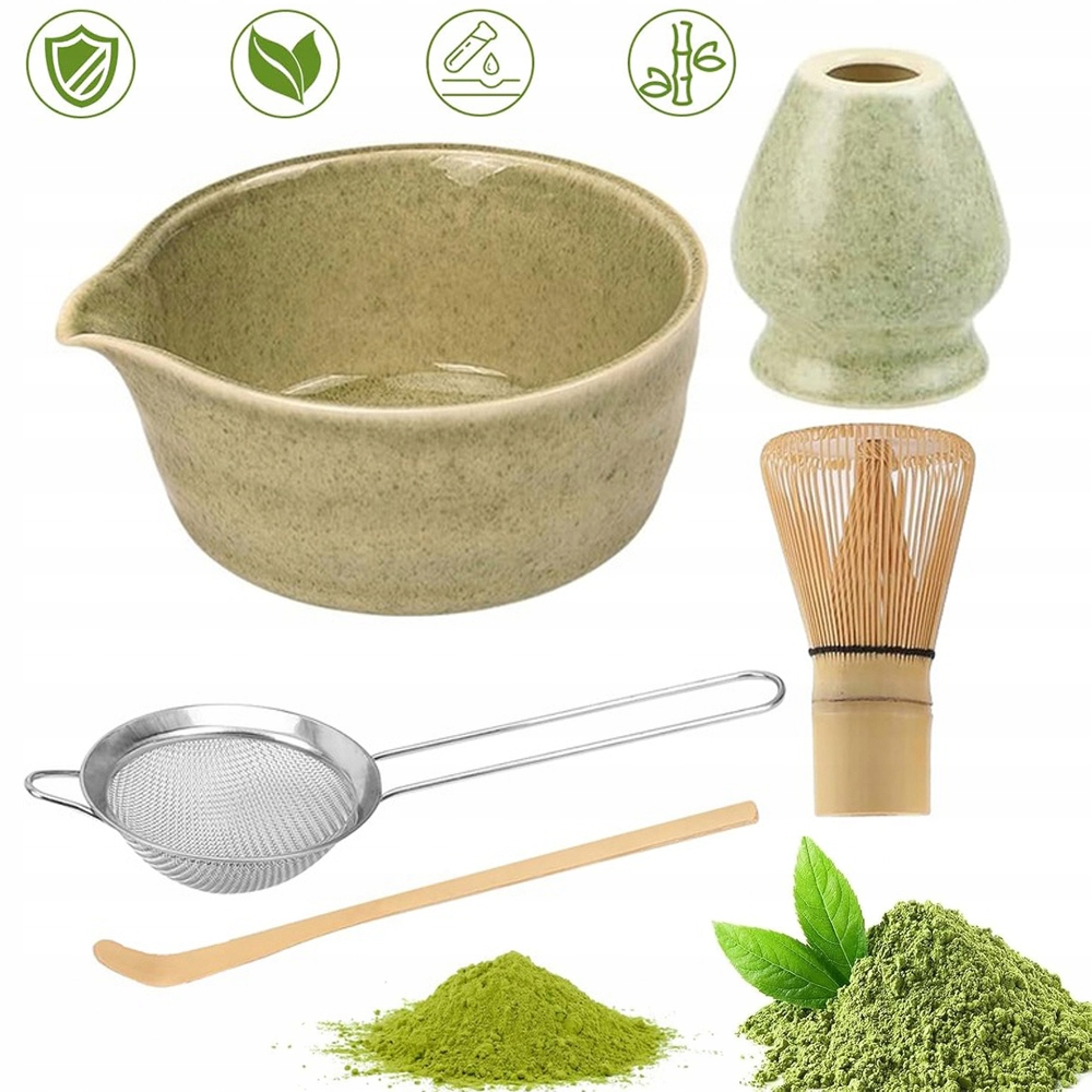 5-CZĘŚCIOWY Zestaw Do Herbaty Matchy, Miotełka, Miska, Chasen I Łyżeczka