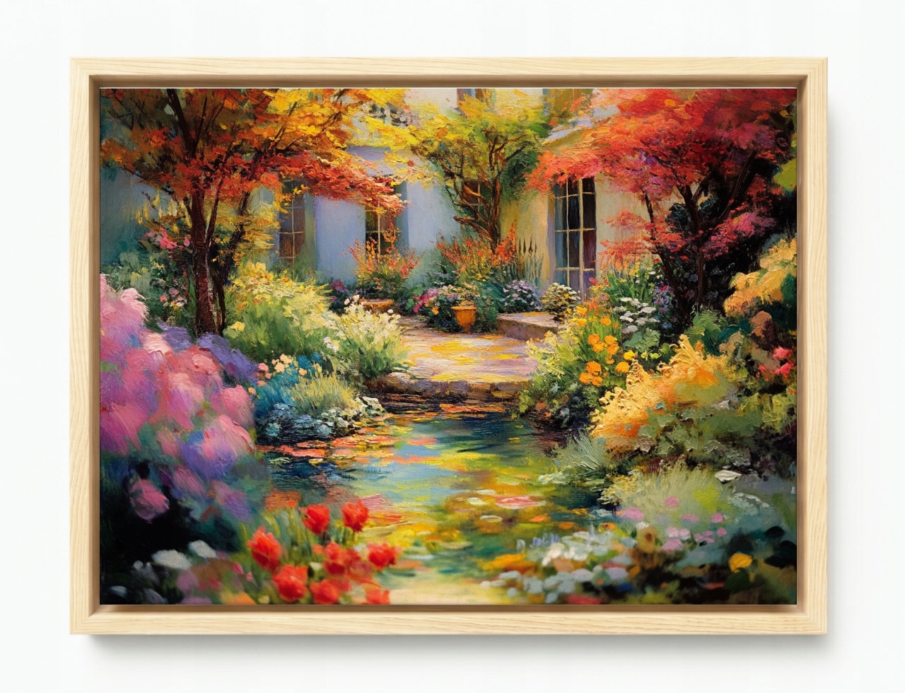 Obraz Rám Americký Box Krajina Příroda Dům Zahrada Rostliny Květiny Rybník 80x60