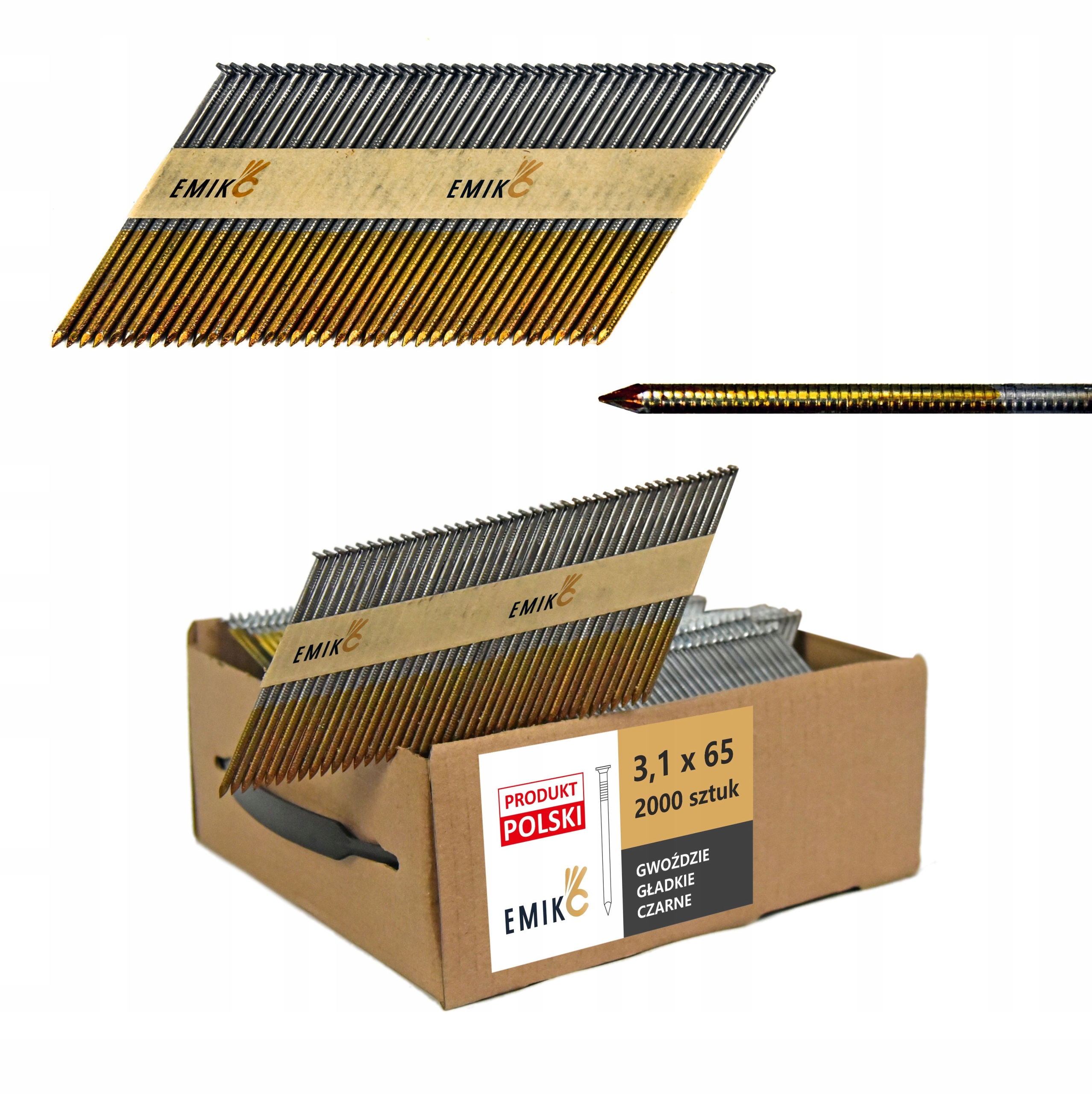 Gwoździe do gwoździarki łączone papierem 3,1x65mm 34° 2000szt Gładkie