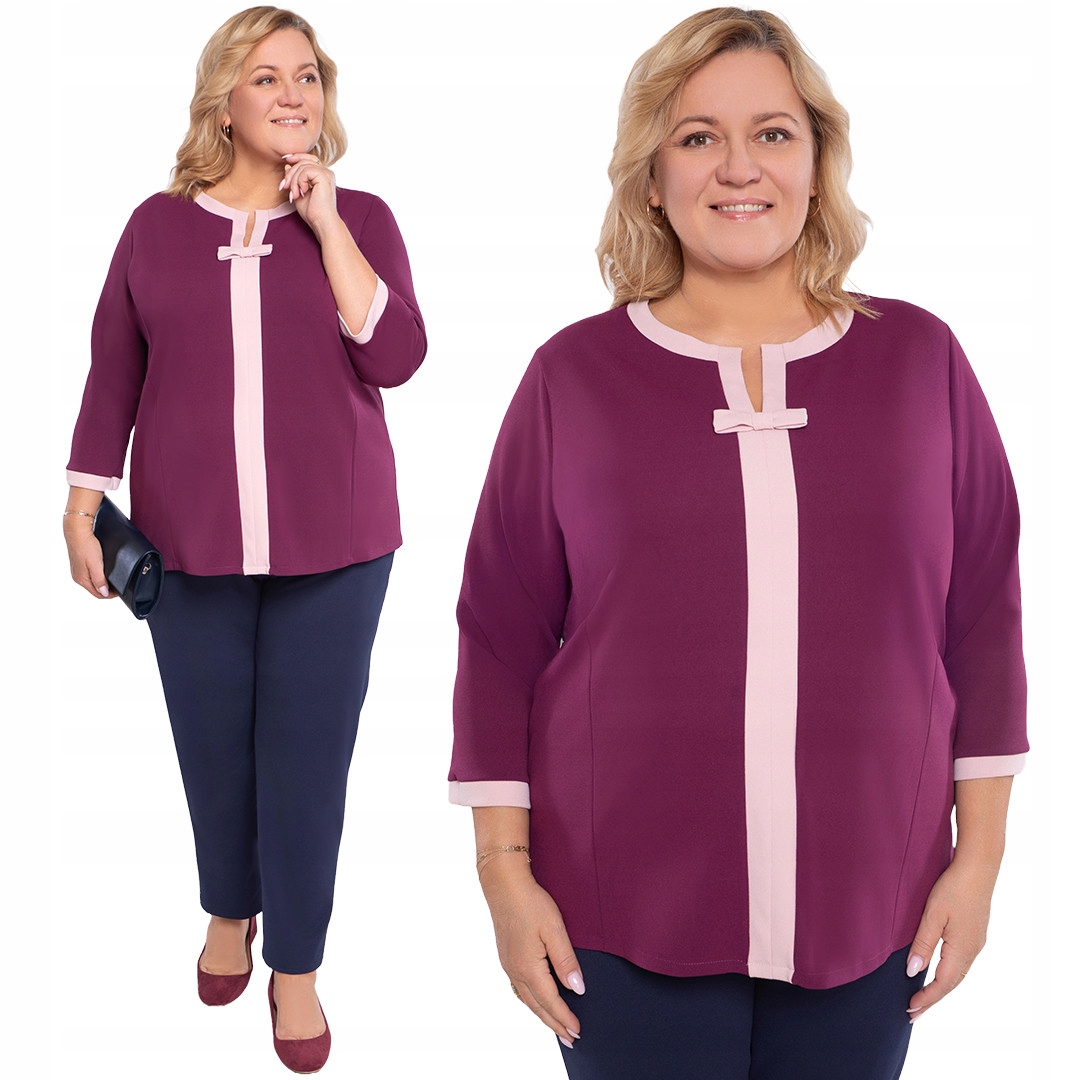 Fialová halenka s růžovým lemováním a mašličkou 48/50