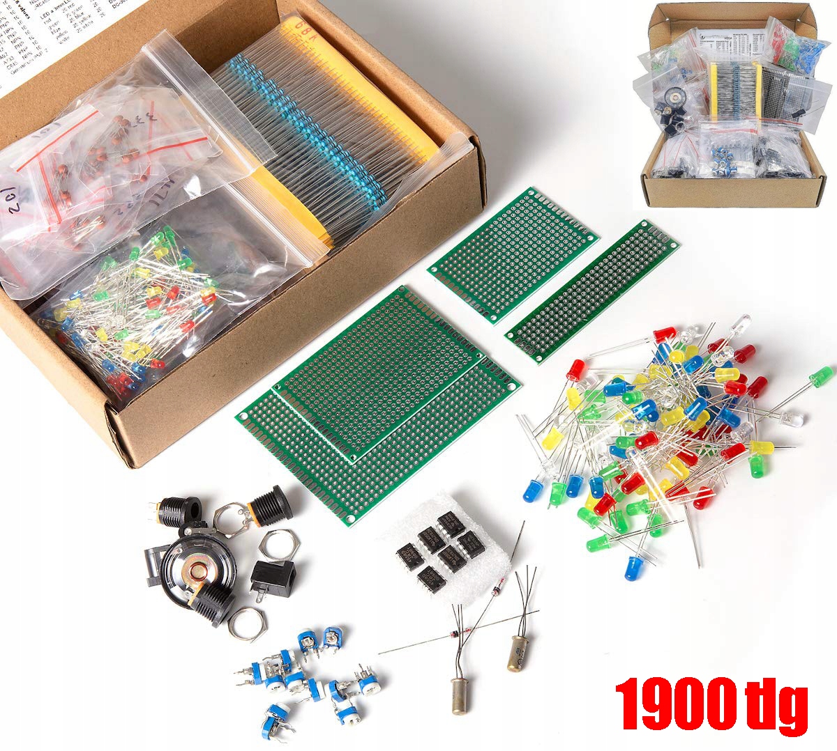 1900 ks elektronických prvků Kondenzátory Rezistory Tranzistory Pcb