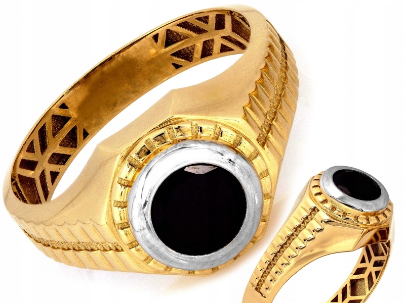 Zlatý prsten 585 14kt dvoubarevný s kulatým onyxem v rámu 4.38g R23