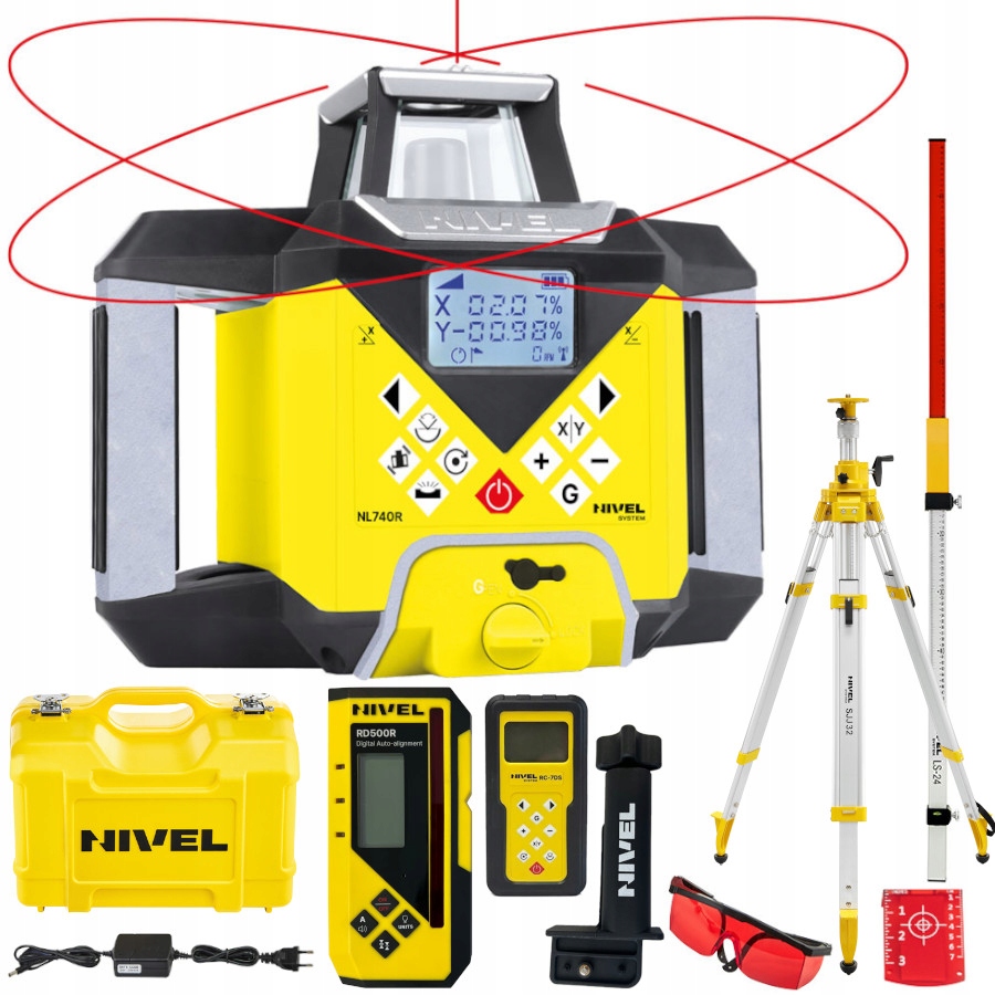 Nivel System Laser obrotowy NL740R Digital czujnik statyw SJJ32 łata LS-24