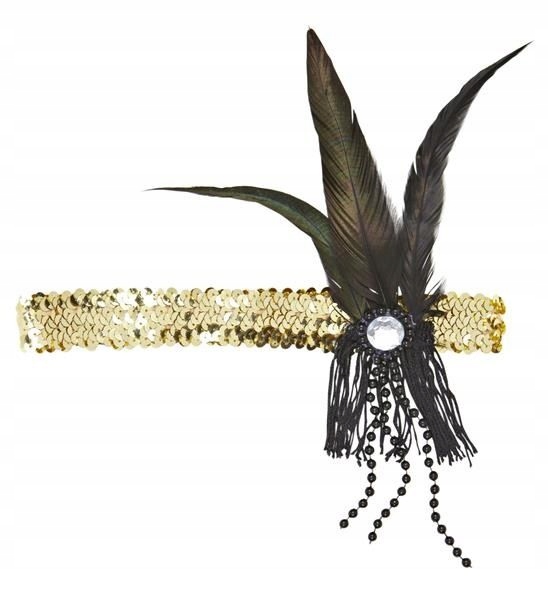 

Opaska Retro Charleston Złota Pióro Koraliki