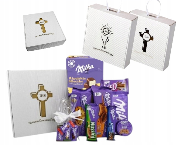 Duży zestaw prezentowy w pudełku Milka Komunia Ihs