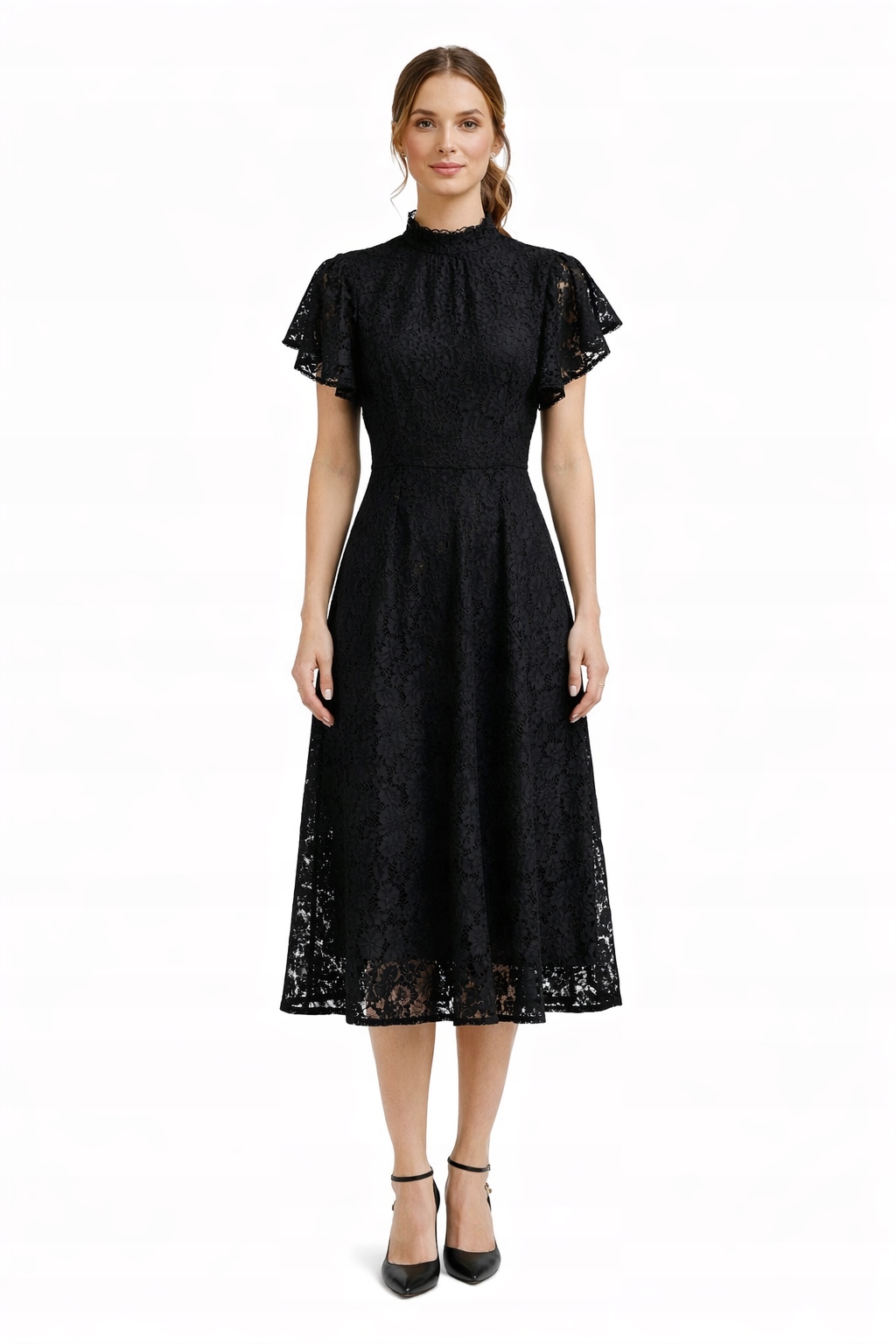 Černá Krajková Šaty S Volánky A Stojáčkem S/m 1I4A