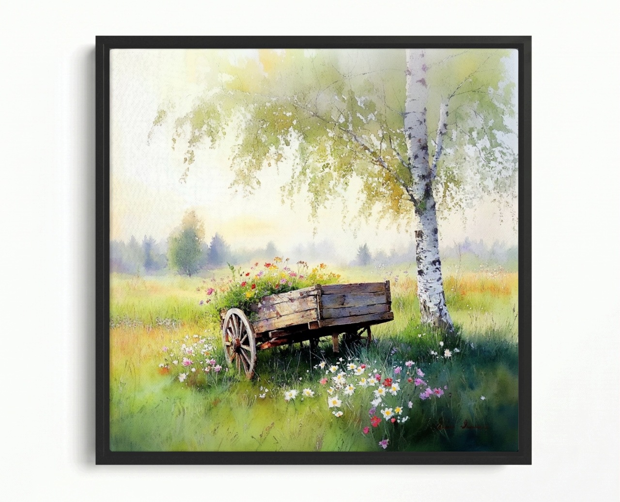 Obraz Rám American Box Krajina Strom Breza Drevený Vozík Kvety 60x60
