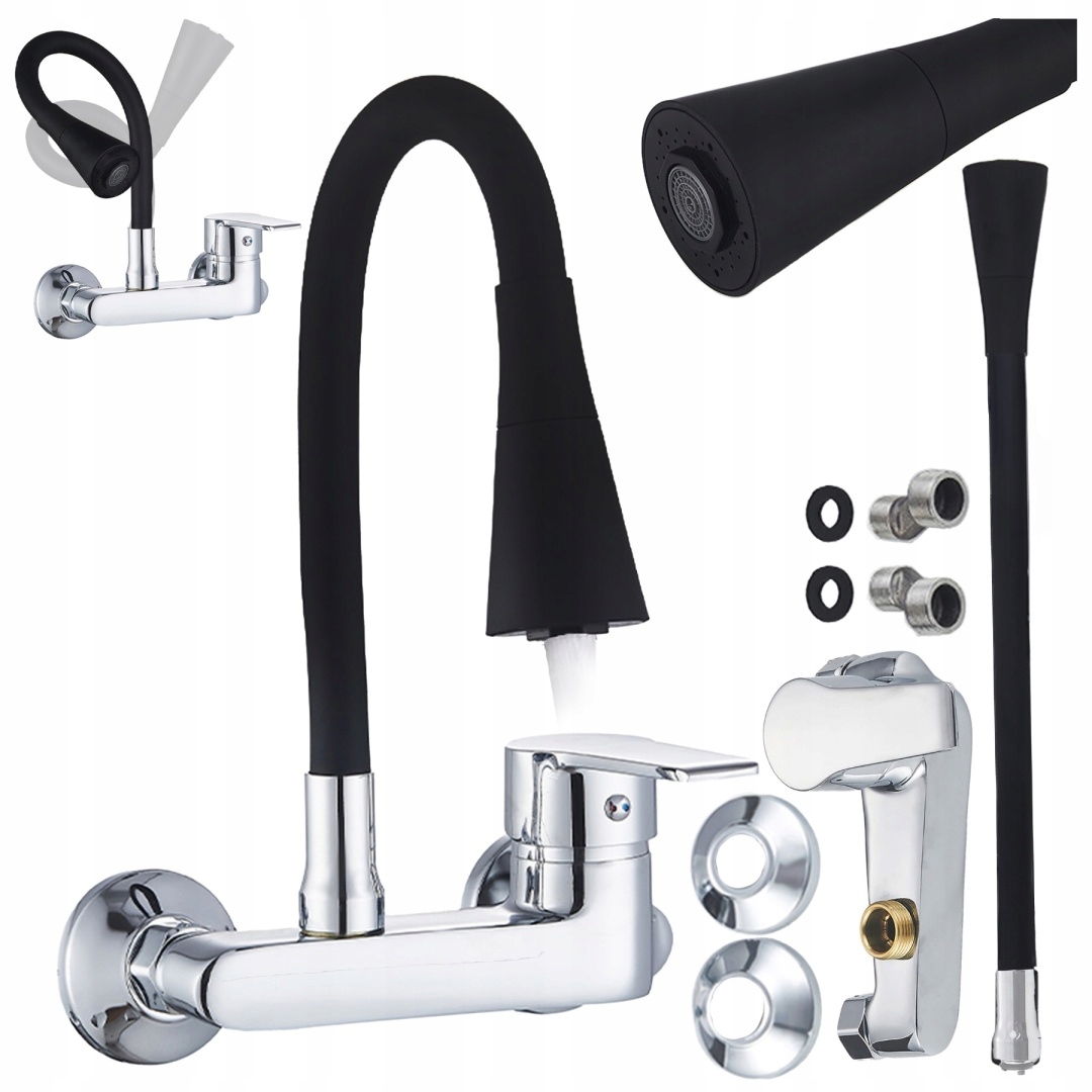 Bateria Kuchenna Ścienna Harbor Giętka Czarna Wylewka Podstawa Chrom