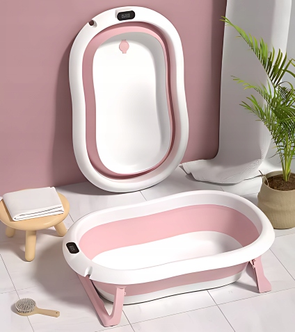 WANIENKA SKŁADANA DLA DZIECI Z TERMOMETREM PODUSZKĄ SILIKONOWA RÓŻOWA LCD