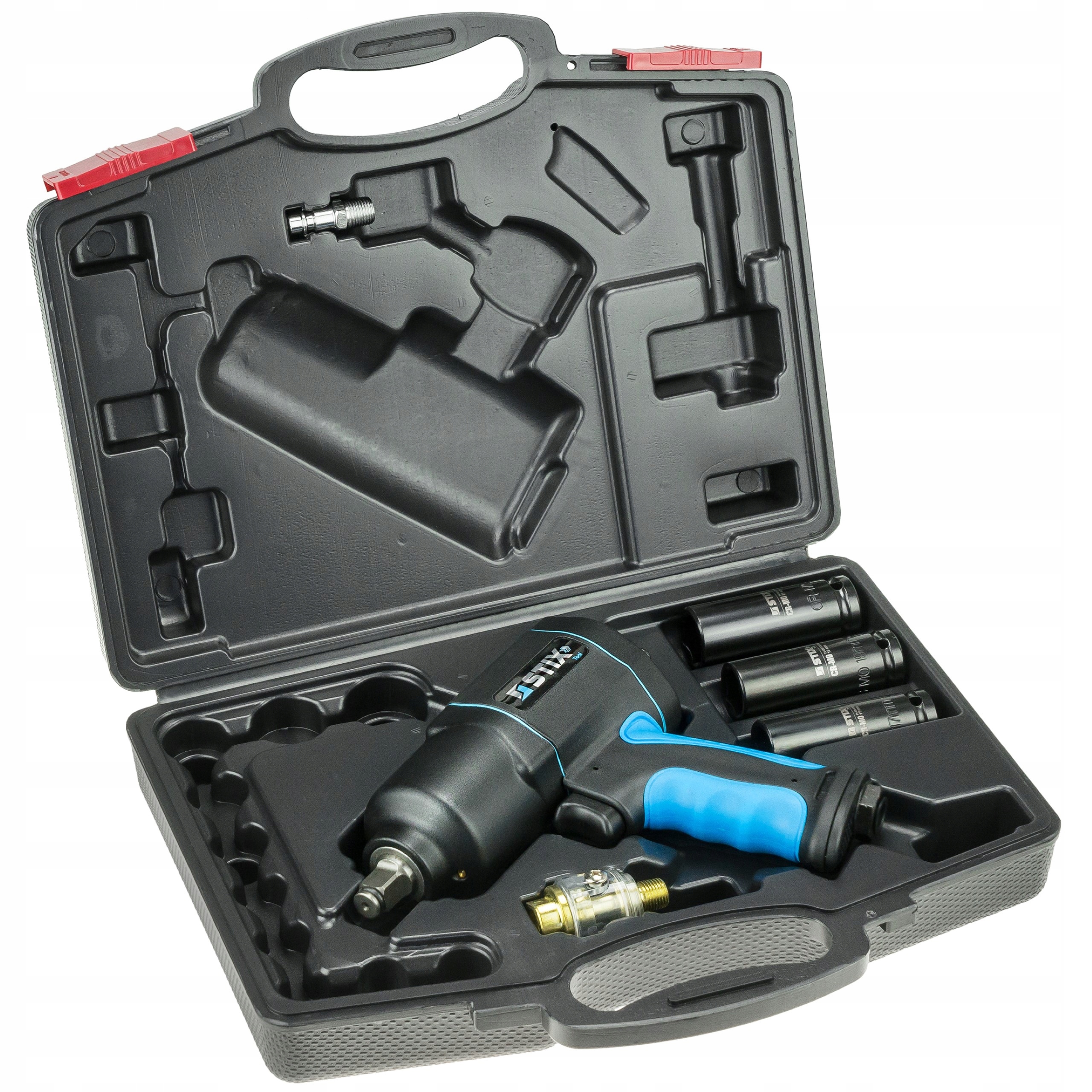 KLUCZ PNEUMATYCZNY UDAROWY 1700NM Z NASADKAMI CR-MO, WALIZKĄ I NAOLEJACZEM Zasilanie pneumatyczne