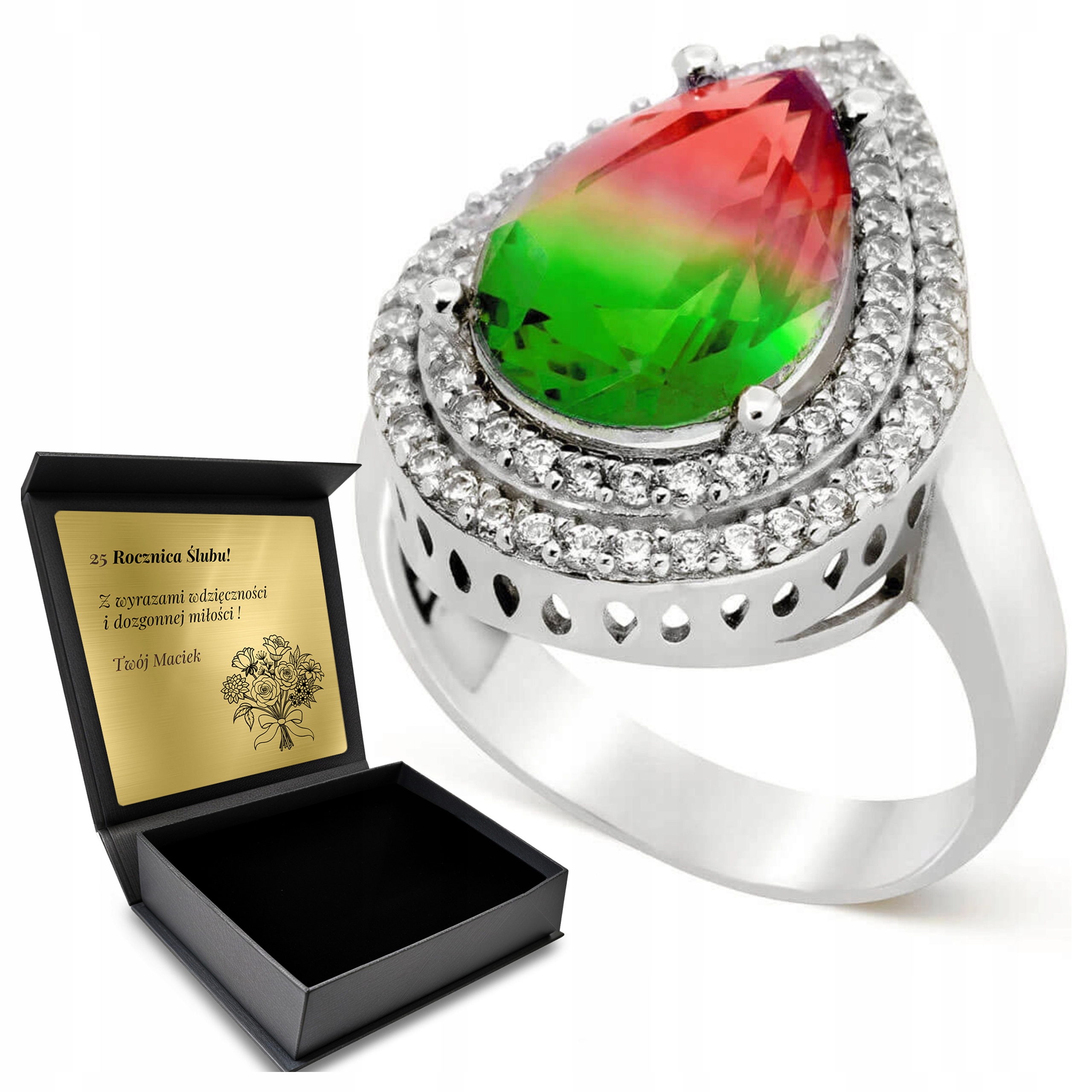 Prstýnek 925 Zirkony A Turmalín Dárek na Valentýna Gravírování