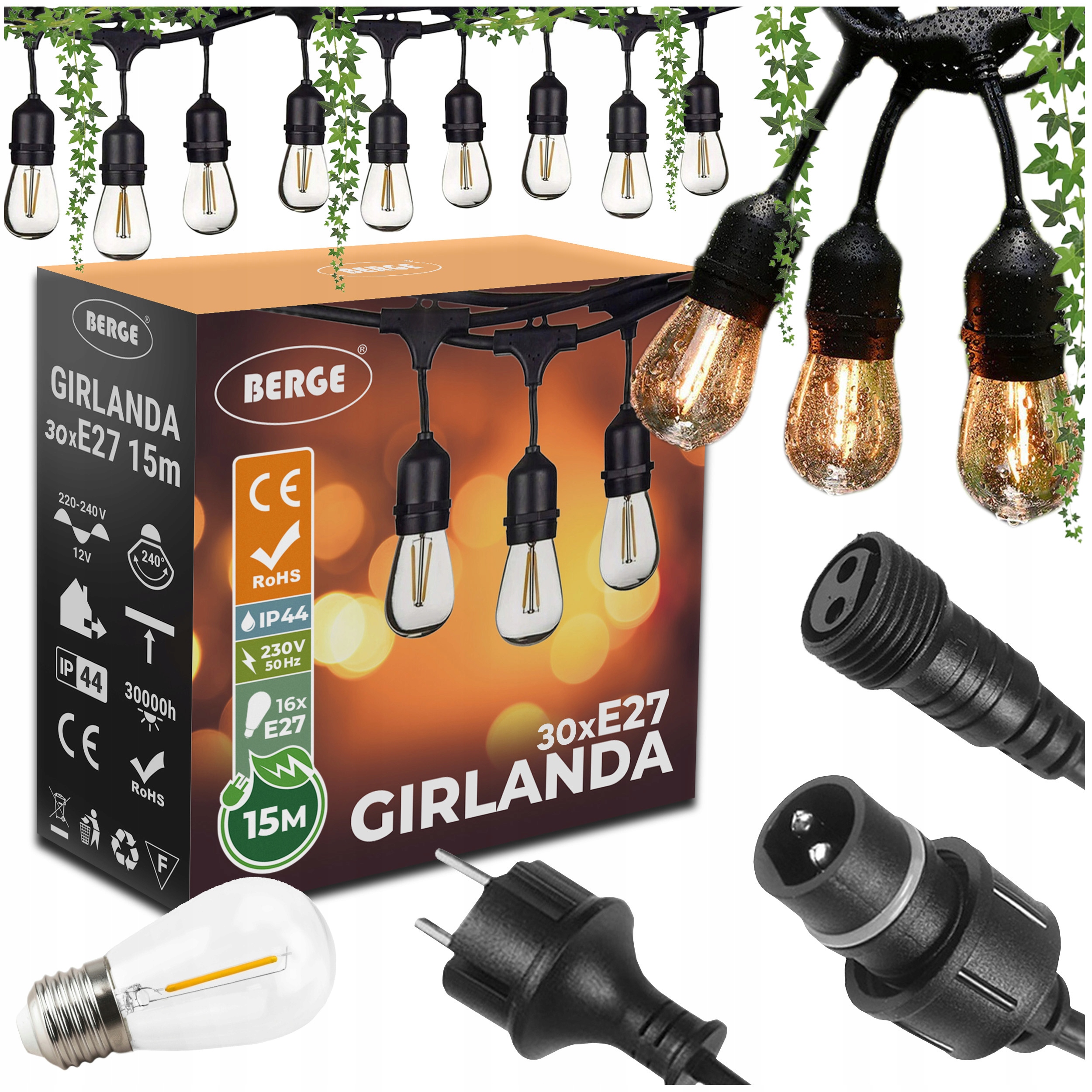 Zahradní girlanda Světelný Řetěz 15 m 30xE27 Komplet s Led žárovkami Berge