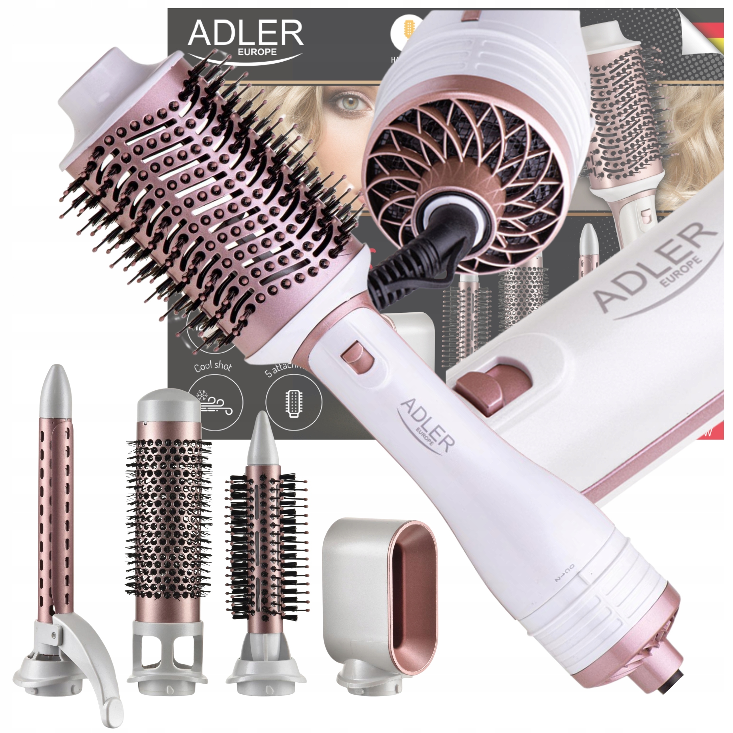Suszarko Lokówka do Włosów Mocna 5 nasadek Zimny Nawiew 1200W Adler Ad 2027