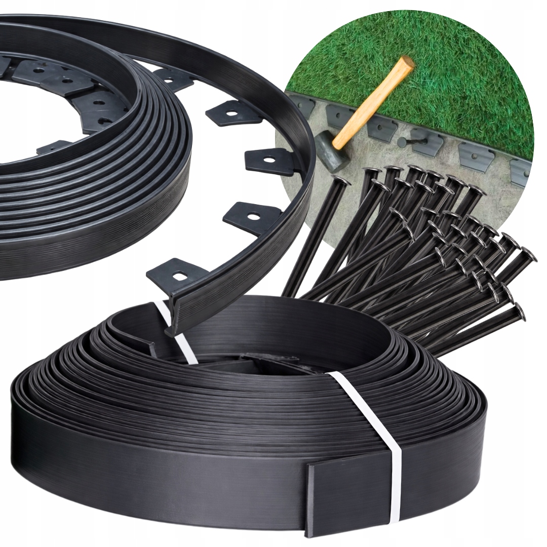 Trávníkový lem Zahradní 6cm 20m 60ks Kotvy Elastické lemy Set