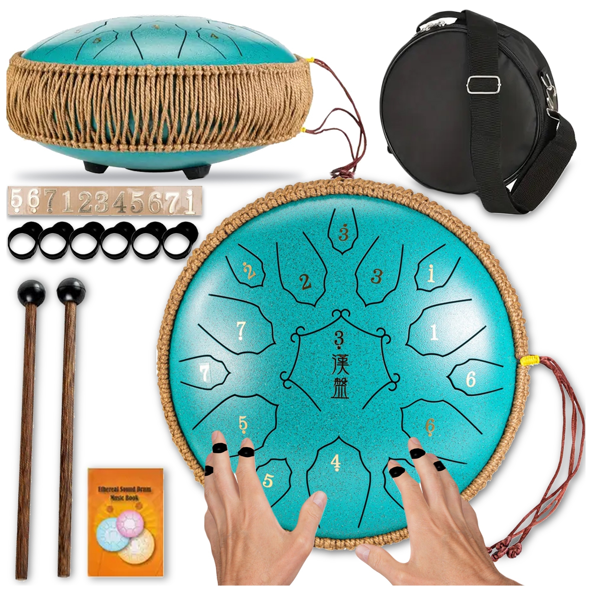 Hudební Ocelový Buben Handpan Jazykový 15-TUNOVÝ Nástroj Meditace Pouzdro