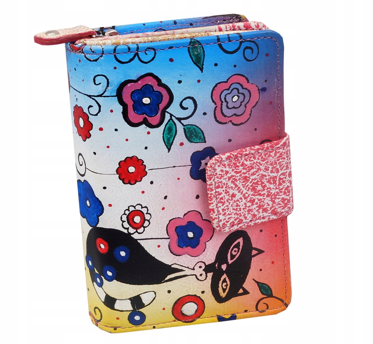 Kochmanski skórzany portfel damski mały ręcznie malowany w koty
