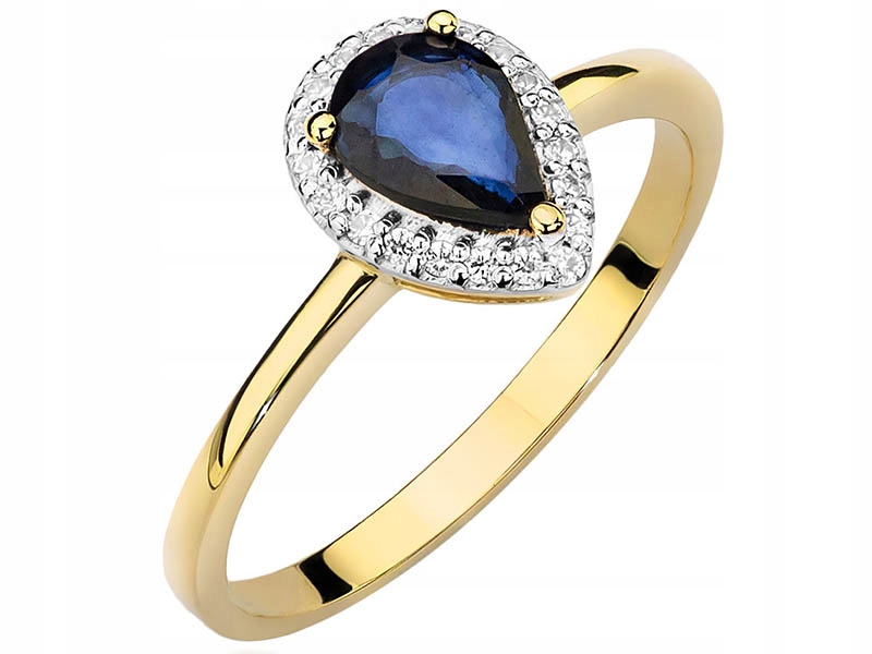 Zlatý prstýnek 585 slza safír a diamanty r 10 klasický elegantní vzor