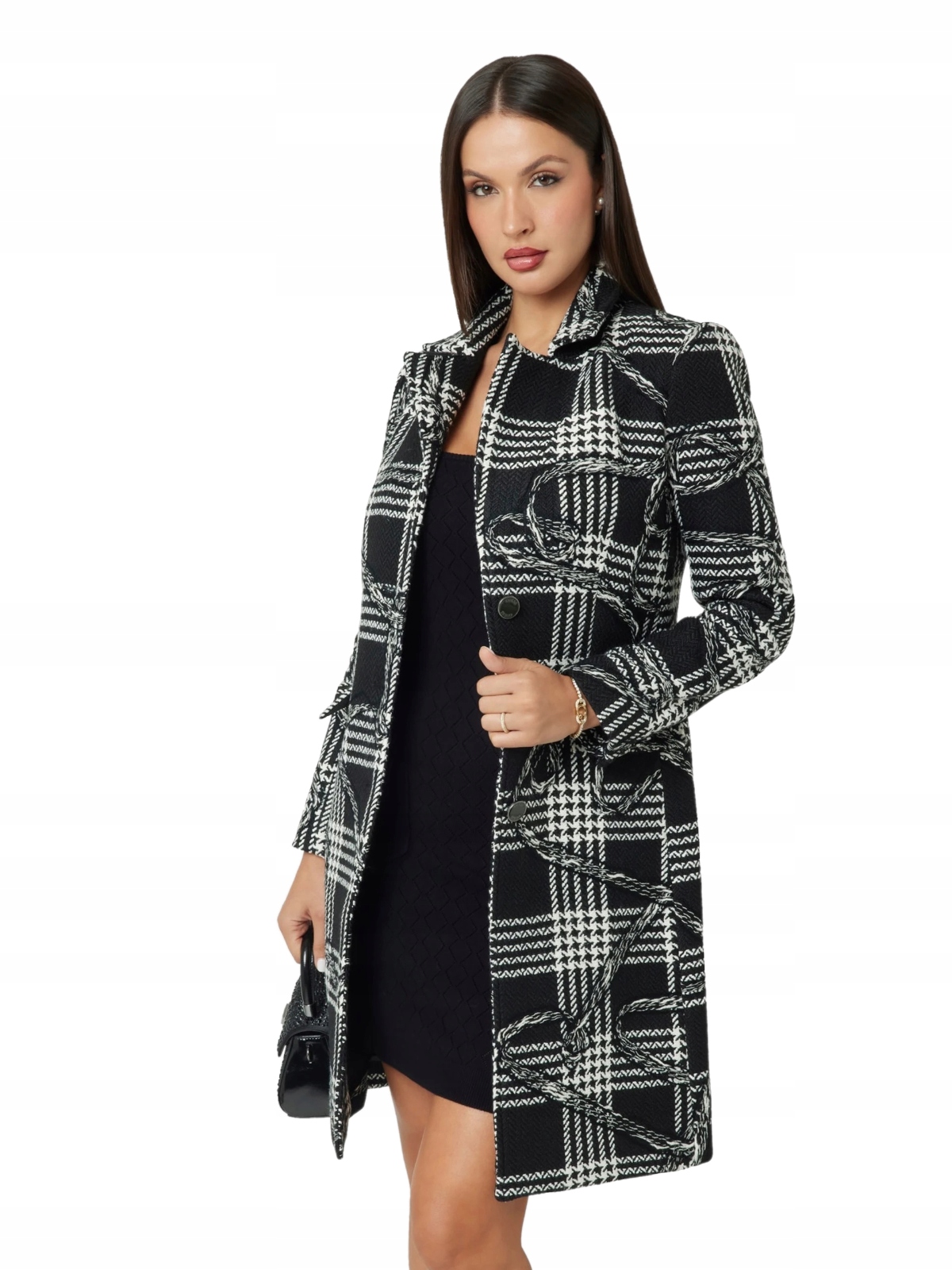 Guess černý dámský klasický kabát s kostkovanou výšivkou, velikost M