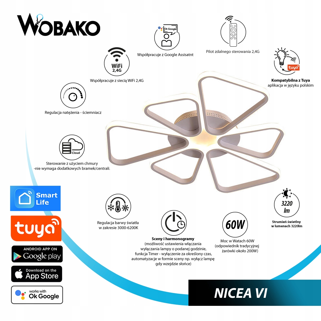 Inteligentna Lampa PLAFON żyrandol Smart Home Tuya Styl nowoczesny