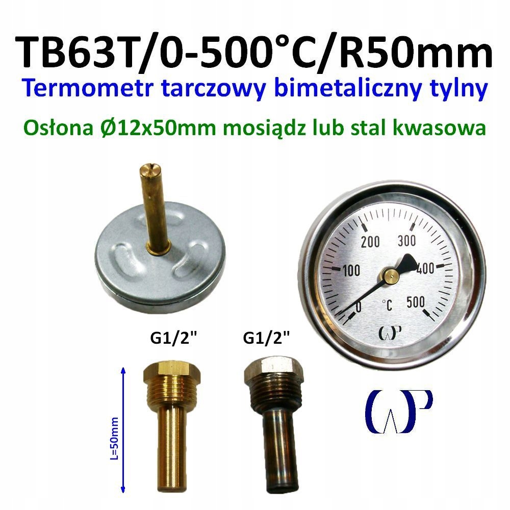 Bimetalový kotoučový teploměr TB63T/0-500°C s mosazným krytem G1/2" 50 mm
