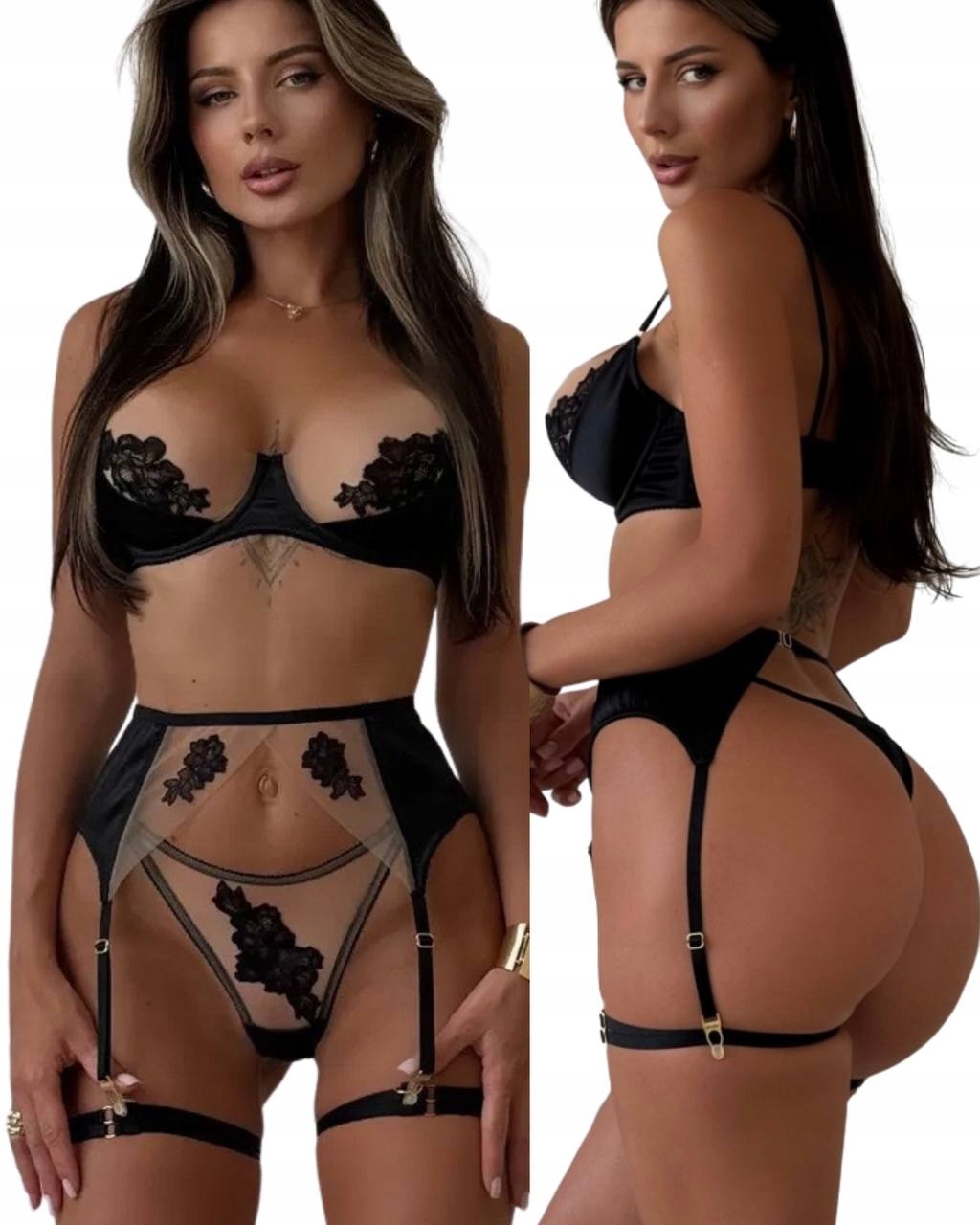 Černý Komplet Spodního Prádla, Podprsenka S Bikinovým Páskem A Pásky