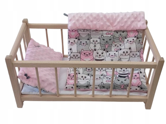 DREWNIANE ŁÓŻECZKO DLA LALEK + POŚCIEL MINKY