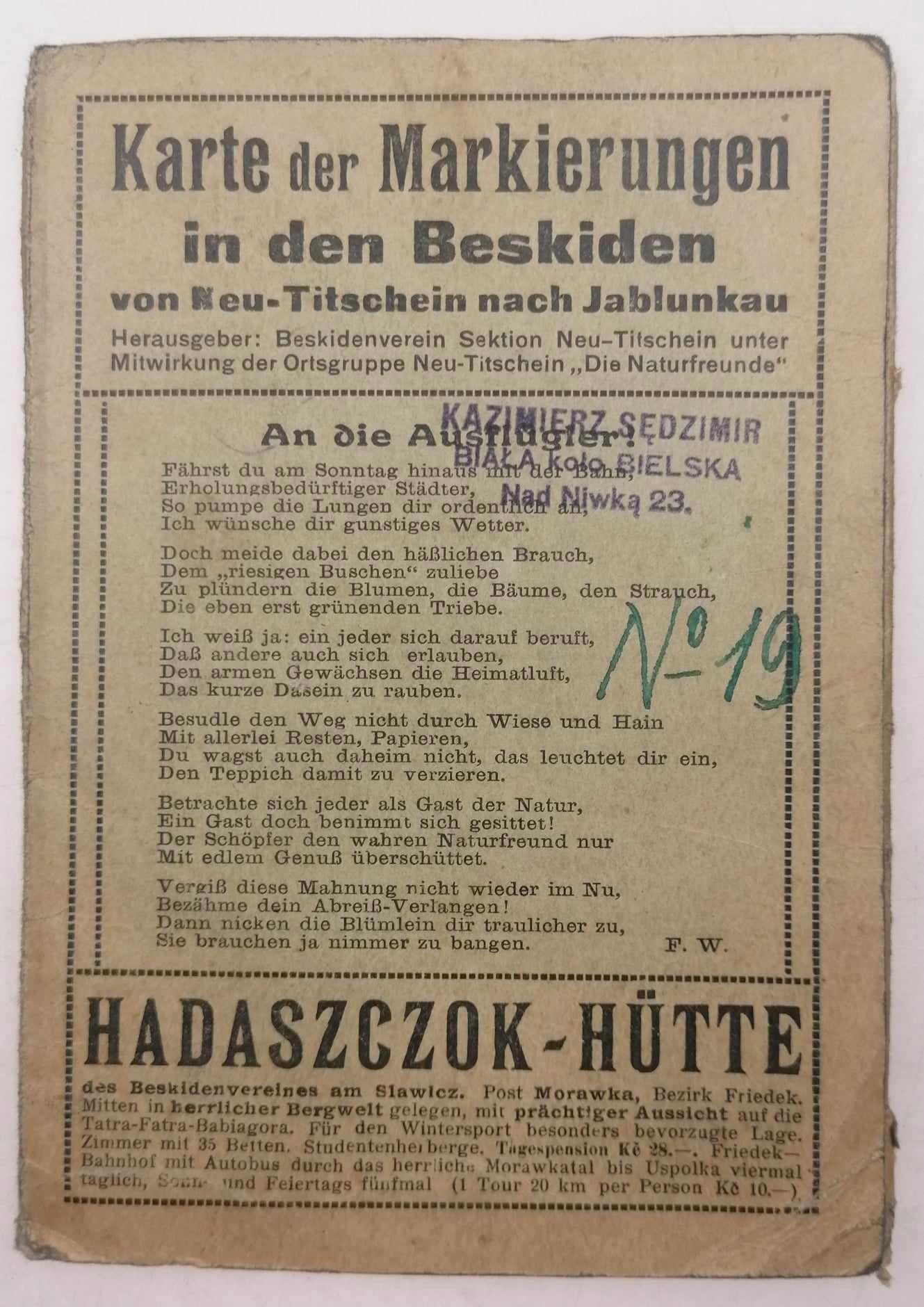 Karte der Markierungen in den Beskiden - 1930 r.