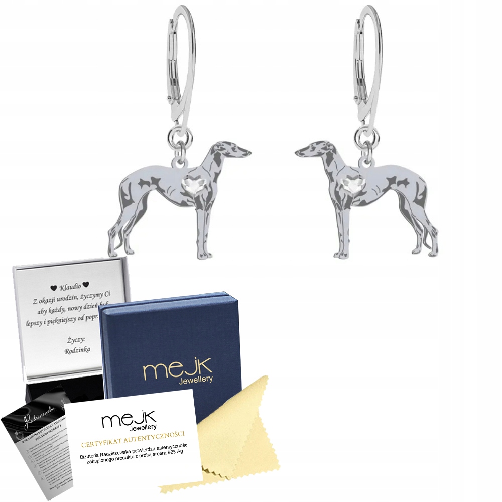 Stříbrné Náušnice se psem Španělský chrt 925 Žena Gravírování Bonus