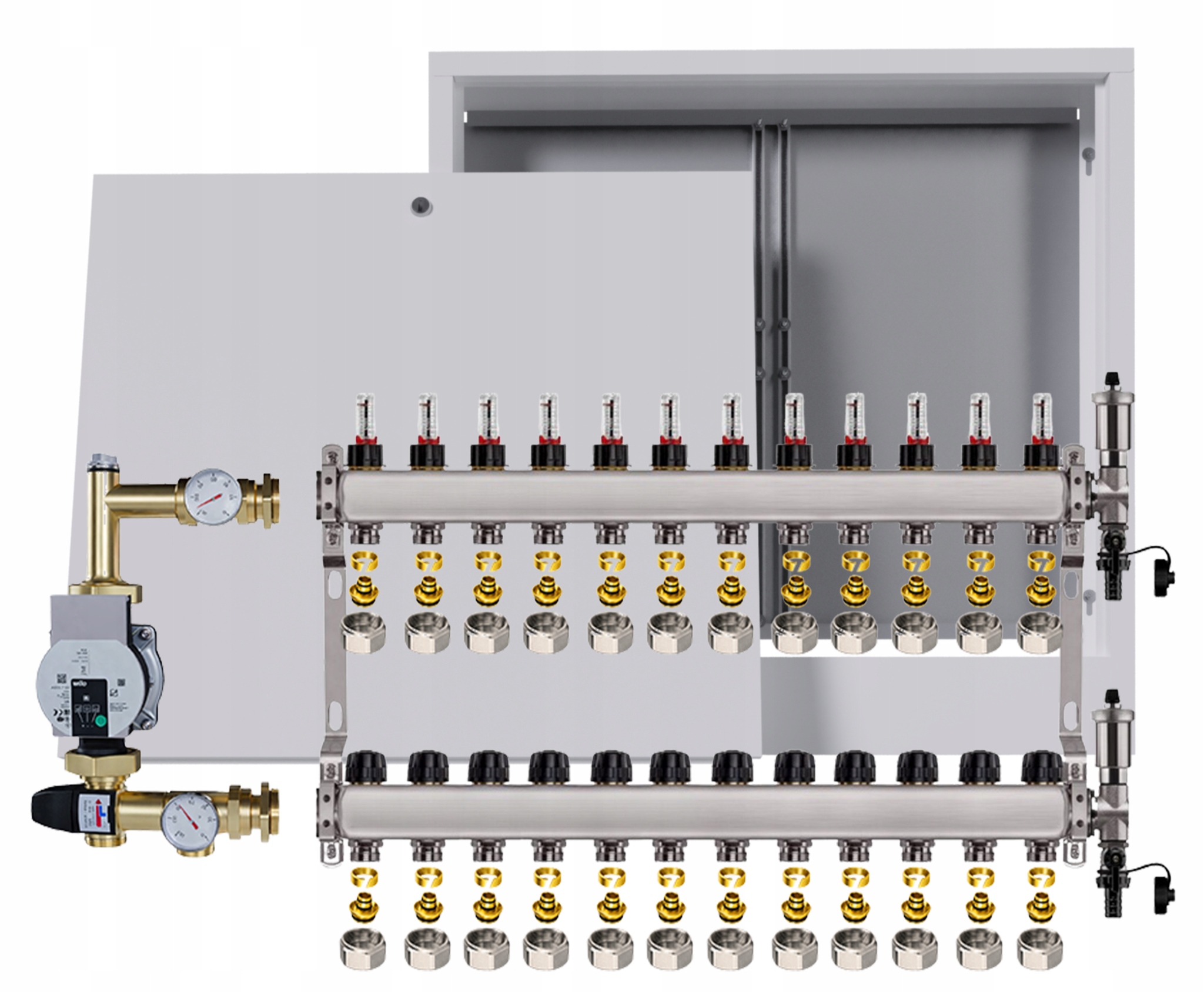 Rozdělovač pro podlahovku nerezový 12 s boxem Pumpa Wilo Spojky
