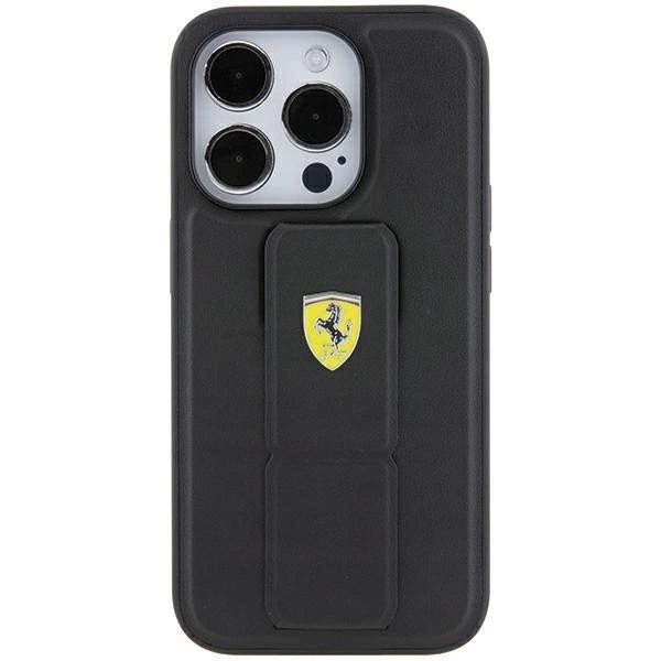 Pouzdro Ferrari Grip Stand Metal Logo case kryt na iPhone 15 černé